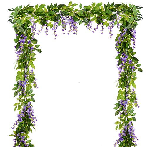 DearHouse 4Pcs 6.6Ft/Piece Artificial Flowers Silk Wisteria Garland Artificial Wisteria Vine Rattan Silk Hanging Flower for Home Garden Outdoor Ceremony Wedding Arch Floral Decor(Light Purple) - color: Light Purple