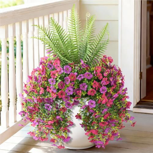 INQCMY Artificial Fake Hanging Flowers with Fake Fern for Outdoors UV Resistant Artificial Plants Spring Decor Look Real Faux Flowers for Outside Home Planter Porch Patio Decor - color: 3pcs Purple Rose,1pcs Fern