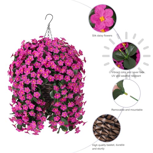 HyeFlora Artificial Fake Hanging Flowers Plants Baskets for Outdoor Spring Decoration, Faux Silk Fuchsia Daisy Mums Trailing Orchid UV Resistant for Home Outside Porch Garden Yard Patio Decor - color: Fuchsia Daisy
