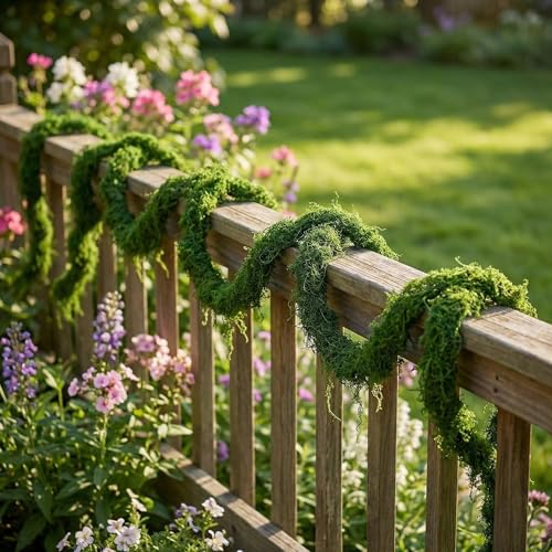2PCS 55 inch Artificial Fake Moss Green Vines for Home Commercial Office Hanging Reptile Moss wall Decor Wedding Event Halloween Christmas Easter wall Art Decorating