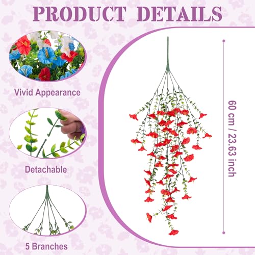 Artificial Hanging Petunias Flowers for Outdoor, 8pcs Fake Plants Long Vine Morning Glory Eucalyptus, UV Resistant Realistic Faux Greenery Outside Patio Porch Garden Spring Decor, Red Blue White - color: Red Blue White