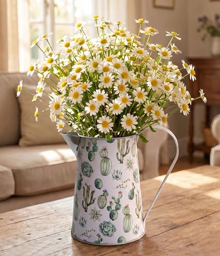Yoillione White Metal Flower Vase with Cactus Pattern, Jug Pitcher Vase with Handle for Country Farmhouse Table Decor - color: Cactus, size: Small