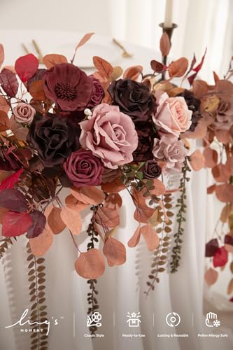 Ling's moment 9FT Eucalyptus and Willow Leaf Garland with White Flower, Handcrafted Wedding Sweetheart Table Centerpieces Head Table Decor Arch Backdrop Decorations for Wedding | Burgundy & Dusty rose - color: Red-burgundy & Peach Rose