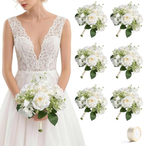 Bridesmaid Bouquets Set of 6, 7.5-Inch Wide Artificial Silk Rose & Hydrangea Wedding Bouquets for Party, Ceremony, Bridal Shower, Wedding Decor (Ivory) - color: Ivory