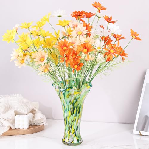 9.0"H Green Glass Vases for Flowers, Unique Hand Blown Glass Vase Green Gold Home Decor, Wide Mouth Colorful Flower Vase Centerpieces, For Living Room Table Bookshelf, Bathroom Office Shelf Decorative - color: Green