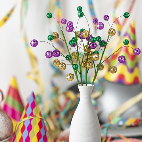 Watayo 8 Pack 15" Large Mardi Gras Ball Centerpiece Stems, Mardi Gras Artificial Glitter Berry Stems Ornaments, Shiny Purple Gold Green Berry Branches Twigs Picks Sprays for Carnival Party Home Decor - color: Purple Gold Green
