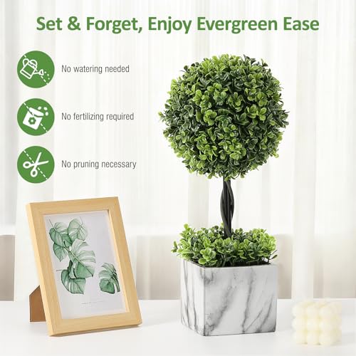 Lewondr 16'' Artificial Topiary Ball Tree, Small Potted Fake Plants, Artificial Boxwood Plants with White Planter Pot, Outdoor Indoor Realistic Faux Shrubs Tree for Home Office Porch Decor, Set of 1 - size: 1 Pack