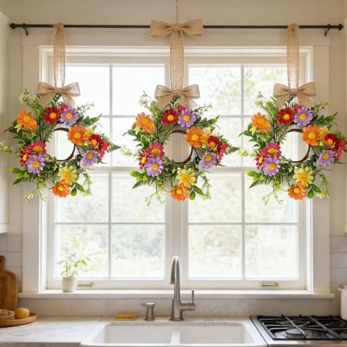 6 Pcs Mini Flowers Wreaths for Cabinets with Orange Red Purple Yellow Daisy Floral Artificial Spring Summer Small Candle Rings Wreath for Home Front Door Window Farmhouse Porch Wall Hanging Decor - color: Colorful Daisies
