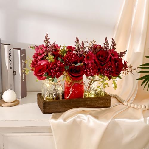 BLEUM CADE Mason Jar Centerpiece Table Decorations, Mason Jar Lights Centerpiece for Kitchen Dining Table Farmhouse Coffee Table Wedding Home Decor with 3 Jars Artificial Flowers & Wood Tray - color: Burgundy-dahlia