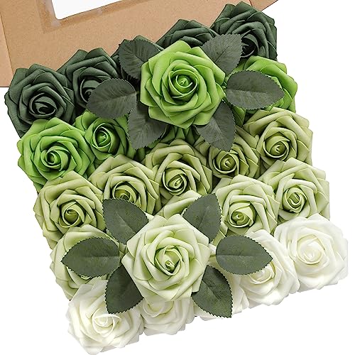 Rose Artificial Flowers Forest Green Ombre Color Foam Fake Roses with Stems 25pcs for DIY Wedding Bouquets Bridal Shower Centerpieces Party Decorations - color: Forest Green