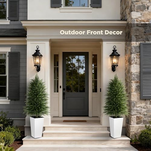 4FT Tall 2 Pack Artificial Cedar Topiary Trees with Full Bushy Columnar Shape, Realistic Faux Cypress in Square White Pot with Fillable Water Bag, Outdoor Evergreen for Front Porch Garden Home Decor - color: White-columnar Arbor, size: 4ft-2pack