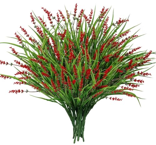 24 Bundles Artificial Plants Flowers Outdoor, Faux Lavender Flowers Fake Monkey Grass UV Resistant Plastic Plant for Porch Garden Patio Window Home Decor, Red - color: Red