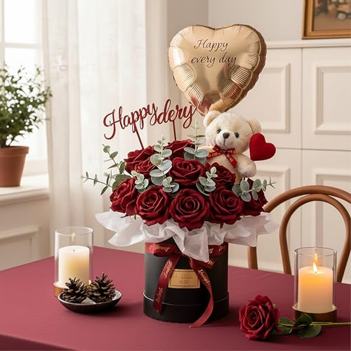 Auihiay 14PCS Burgundy Roses, Burgundy Roses Artificial Flowers, Velvet Silk Rose Bouquet with Long Stems for Father's Day, Valentine's Day Gift, Wedding Centerpieces & Home Decor - color: Burgundy