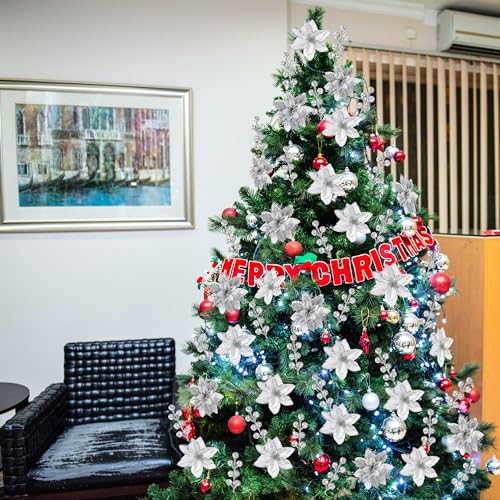 Sggvecsy 30 Pcs 3 Styles Christmas Glitter Poinsettia Flowers Artificial Berry Picks Christmas Tree Ornaments Artificial Christmas Flowers with Clips for Xmas Wreath Wedding Floral Decorations(Silver) - color: Silver
