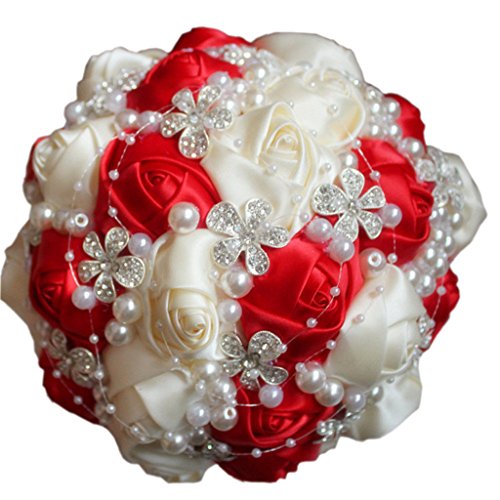 S_SSOY Wedding Bouquet Bride Bridal Brooch Bouquets Bridesmaid Bouquet Diamond Pearl Ribbon Valentine's Day Confession Party Church with Free Corsage Flower, Red+Creamy - color: Red+creamy