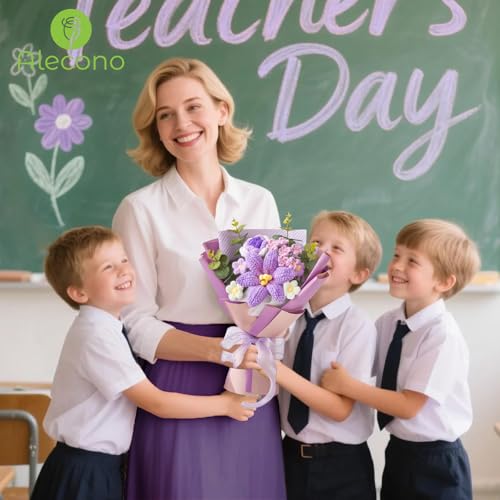 Alecono Crochet Flower Bouquet, Purple Knitted Flowers, Handmade Bouquet of Flowers for Lover Anniversary Birthday Party Mother's Day Graduation Teacher's Day Gifts (Include Card) - color: Purple B