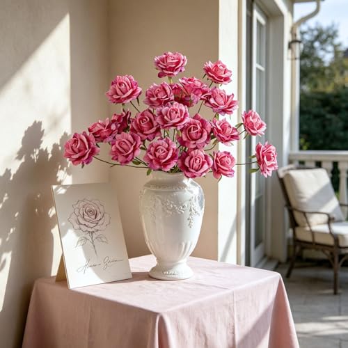 INXUGAO Artificial Flowers Fake Roses for Outdoor, 6Pcs 28" Long Stem Silk Roses for Wedding Indoor Outside Party Decor, Realistic Faux Bouquet for Tall Vase Planter (Fuchsia) - color: Rose-fuchsia 6 Pcs