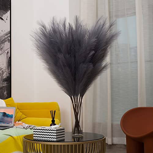 Faux Pampas Grass 6 Stems, Artificial Pampas Grass - 43''/3.6FT Total Extra Large Pompass Grass Tall Pompous Boho Flower Arrangement and Floor Vase Filler Home Decor for Room Wedding Party (Grey) - color: Grey