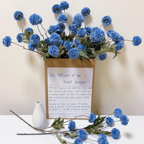 Kinisty 8 Pcs Artificial Flowers Blue Faux Silk Pompon Mums, 20" Long Stem Fake Chrysanthemum Bouquet for Vase Farmhouse Home Decor, Wedding Centerpiece - color: Blue