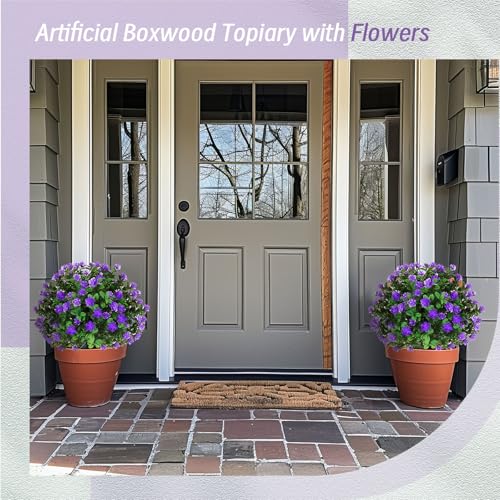 Yunlly Set of 6 Artificial Boxwood Topiary Ball Tree 16 Inch Outdoor Topiary Tree with Flower Fake Bushes, UV Resistance Faux Shrubs Evergreen Plant with Spike for Front Porch Indoor Decor (Purple) - color: Purple