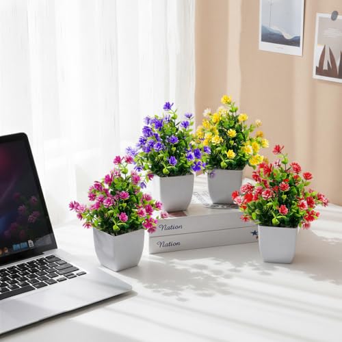 CEWOR Fake Flowers 4 Packs Artificial Plants Indoor Mini Eucalyptus Flowers Decorations for Spring Desk Wedding Bathroom Office Home Room Table Decor Indoor Outdoor - color: Mix Red Rose Yellow Purple