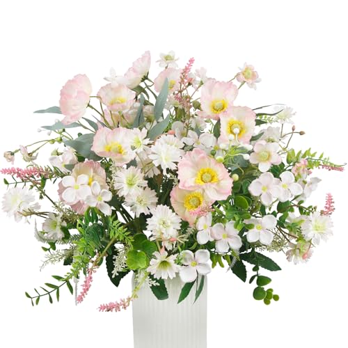 CISDUEO Artificial Wildflowers Flowers Silk Spring Floral Stems Arrangements Pink Poppies Flowers Daisies Faux Wild Flower Bundles Bouquet for Party Indoor Home Vase Wedding Table Summer Decoration - color: Pink, White, Green