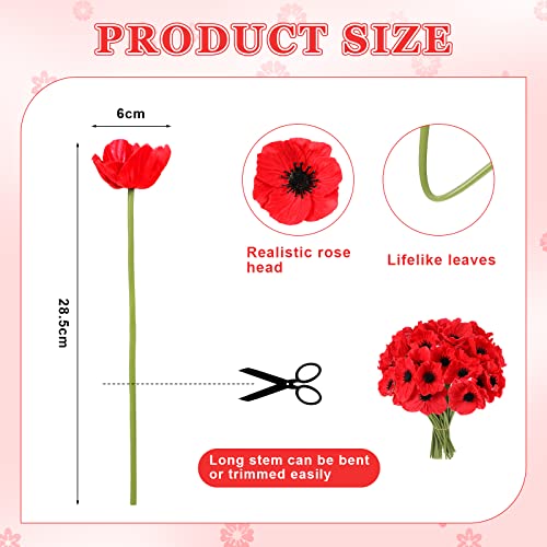 Censen 42 Pcs Red Artificial Poppy Flowers 11 Inch PU Realistic Flower Silk Anemone Stems Bulk for Wedding Bouquets Table Centerpiece Holiday Home Halloween Decor Arrangements - color: Red