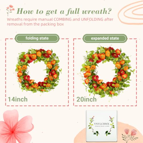YNYLCHMX 20" Spring Summer Wreaths for Front Door, Artificial Floral Wreath with Poppy Flowers Green Tea Leaves, Green Foliage Wreath for Wall Window Farmhouse Party Holiday Home Decor - color: Artificial Poppy Flowers