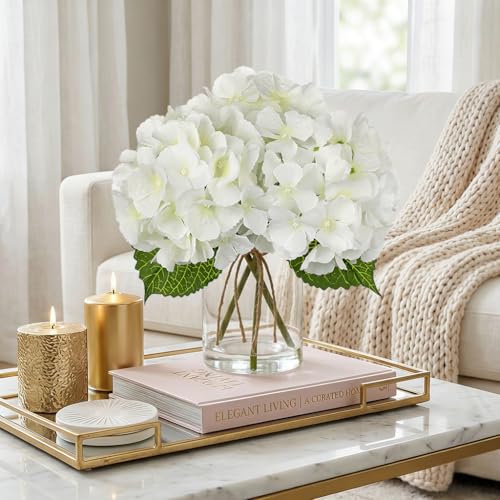 Hydrangea Artificial Flowers with Glass Vase, White Real Touch Silk Hydrangea Arrangement with Faux Water, Small Faux Floral Centerpiece for Home Decor, Wedding, Bathroom, Shelf, Coffee Table - color: White-hydrangea
