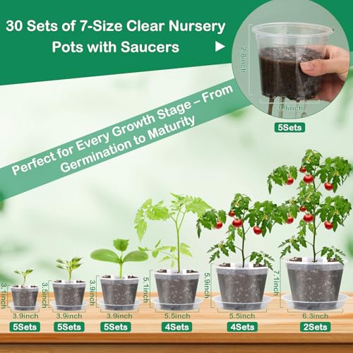 30Pcs Clear Plastic Nursery Pots with Drainage Holes and Saucers, 2.8/3.1/3.5/3.9/5.1/5.9/7.1Inch Seedling Starter Pots with Tool for Indoor Outdoor Gardening Flower, Herb, Succulent Transplanting - size: 2.8/3.1/3.5/3.9/5.1/5.9/7.1 Inch
