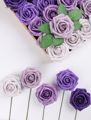 25pcs Artificial Flower，Real Looking Foam Roses w/Stem for DIY Wedding Bouquets Centerpieces Bridal Shower Party Decor-Shades of Series Purple - color: Shades of Series Purple