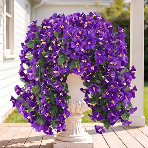 Sggvecsy Artificial Fake Hanging Flowers Plants for Outdoor Outside Spring Summer Decoration 4PCS Faux Silk UV Resistant Realistic Morning Glory Trailing Vines for Home Porch Patio Balcony(Purple) - color: Purple, size: 4Pcs