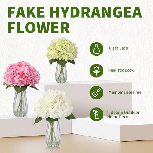 5-Piece Artificial Hydrangea Arrangement in Glass Vase - Fade-Resistant Silk Flowers with Faux Water for Table Centerpieces - color: Multi-hydrangea Stem in Vase, size: White