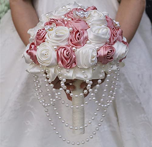 Pink Wedding Bouquet with Brooch Pearl String Cascade Bouquet for Bride Bridesmaid Quinceanera Artificial Satin Rose Flower Bridal Bouquet Wedding Blush Pink and Ivory 8.7in - color: Blush Pink & Ivory, size: Large (DIA. 8.7"/22cm)