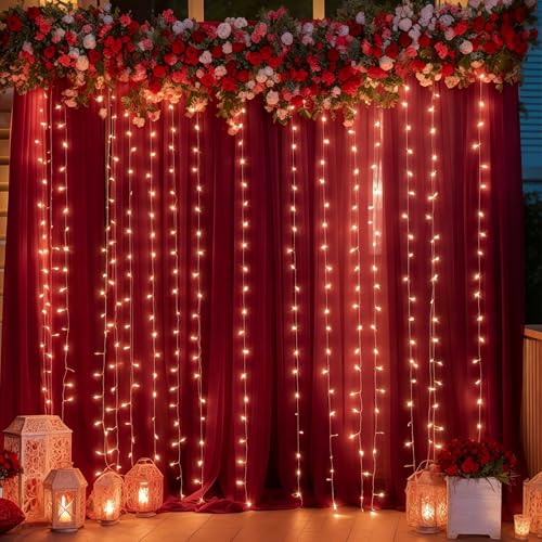 10ft x 8ft Burgundy Backdrop Curtain with Lights String for Parties, Sheer Tulle Wedding Photo Backdrops Drapes for Baby Shower Birthday Party Decorations Background for Photography - color: Burgundy, size: W5' x H8'(2 panels)