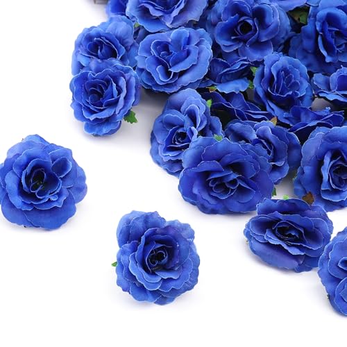 100 Pcs Mini Blue Roses Artificial Flowers Bulk, 1.9" Small Silk Fake Roses Flower Heads for Decoration, Wedding Centerpieces Bridal Shower Party Home Decor,DIY Crafts (Blue) - color: Blue