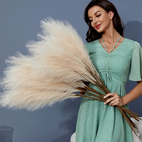 FOTEEWL 8 PCS Faux Pampas Grass Decor 38"/3.1FT Tall Fake Pompas Floral Large Artificial Pompous Grass Branches Plants for Floor Vase Filler Home Boho Decoration (Cream/Beige) - color: Beige