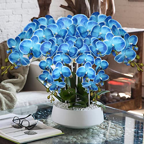 DILATATA 4 Pcs Fake Orchid Flowers 9 Large Heads of Real Touch Vivid Phalaenopsis Orchid Flower Stem 36'' Tall, Artificial Flowers Branches for Home Decor, Office House Deco-Blue Flowers - color: Blue #16