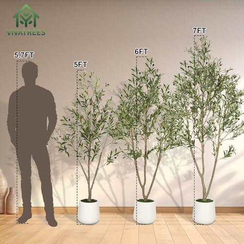 VIVATREES Olive Trees Artificial Indoor, 7FT Tall Faux Olive Tree with White Tall Planter, Artificial Plants with Natural Wood Trunk and Lifelike Fruits for Home Office Decor - color: White-7ft
