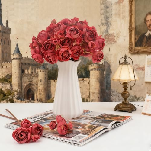 24 Stems Artificial Ranunculus Flowers - 96 Bloom Faux Silk Ranunculus Bouquet for Wedding Decorations, Home Décor, Holiday Arrangements & Large Event Centerpieces (Brickred) - color: Brickred