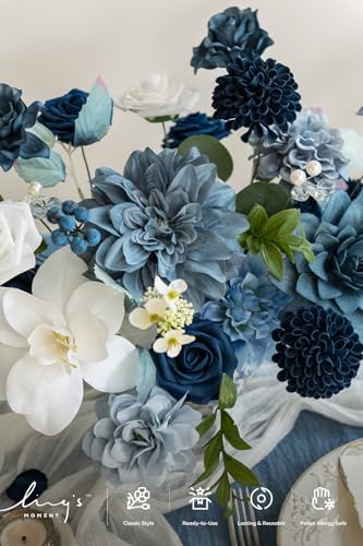 Ling's moment Fake Flowers Box, Faux Artificial Greenery Stems Foam Roses Gardenias Silk Dahlia Peony Fabic Flower for Centerpieces Bouquet Wedding Vase Decorations, Dusty Blue & Navy, Deluxe Combo - color: Blu-dusty Blue & Navy, size: Deluxe