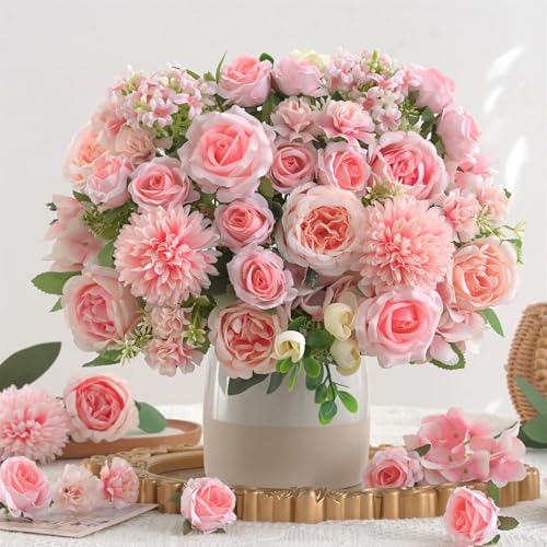 8 Pcs Mixed Artificial Peony Flowers Set-4 Bouquets & 4 Stems, Pink Fake Peony Rose Hydrangea Flowers for Vase Silk Floral Arrangements for Table Centerpiece Wedding Party Bridal Decoration Home Decor - color: Champagne Pink, size: Mixed 8pcs