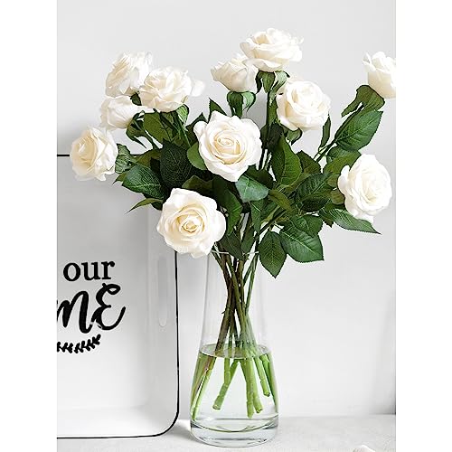 FiveSeasonStuff Light Champagne Artificial Roses Real Touch Silk Flowers with 12 Stems Wedding Bridal Bouquet Home Décor - color: Light Champagne