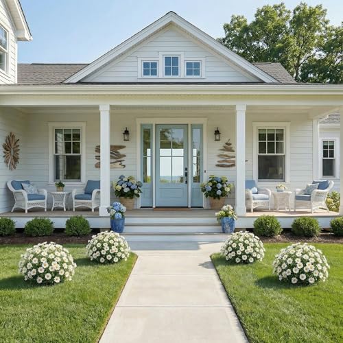 24" Artificial White Daisy Topiary Ball Trees with Dense Blooms, Set of 2 Fake Bushes with Ground Spike, UV Resistant Faux Evergreen Plants for Outdoor Indoor Spring Garden Front Porch Decor - color: White Daisy