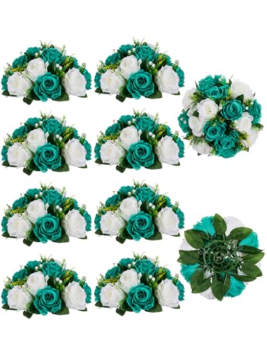 BLOSMON Flower Ball Centerpieces for Wedding: 10 Pcs Teal White Fake Roses Flowers Artificial for Table - Silk Kissing Bouquet Floral Arrangement Center for Home Party Event Decor | Artificial Floral Arrangement for Table - Faux Silk Kissing Bouquet with