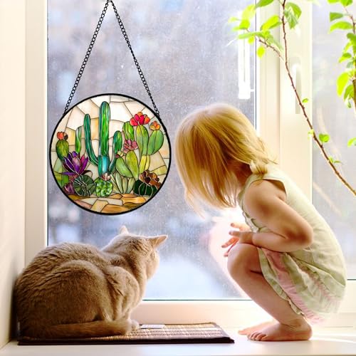 DASTOLL Stained Glass Window Hanging, White Green Cactus Suncatcher Diamond Glass Panel Hangings Sun Catchers Decor for Birthday for Women, Men, Wife, Aunt, and Mom 11.8x11.8 in - color: Green, size: 11.8x11.8 IN