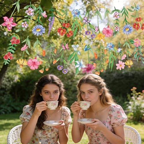2Pcs Spring Wildflower Party Hanging Decorations, Watercolor Floral Banners Spring Wildflower Cutouts Garland Backdrop for Spring Summer Girls Garden Birthday Wedding Party Decor Supplies, 9.8Ft