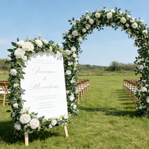 2 Pack 11.2 Ft Artificial Flower Garland with White Roses, Realistic Fake Greenery Vines with 17 Roses Flowers for Wedding Table Centerpieces Arch Party Ceremony Backdrop Decor(White) - color: White