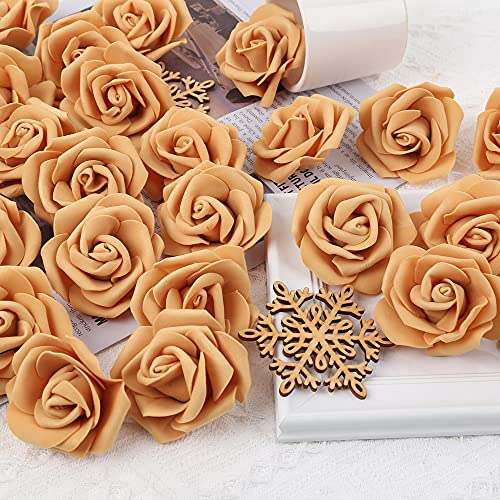 IPOPU Artificial Rose Flower Heads, 100 Pcs Real Looking Gold Yellow Foam Fake Roses for DIY Wedding Baby Shower Centerpieces Arrangements Party Tables Home Decorations (Gold Yellow, Stemless) - color: 100pcs Gold Yellow