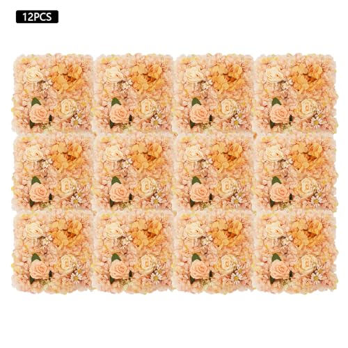 12Pcs Artificial Flower Wall Panel 3D Floral Backdrop Walls 15" X 15" Flower Wall Decor Flower Backdrop Faux Rose Panel for Party Home Background-Champagne - color: Champagne Warm Tones